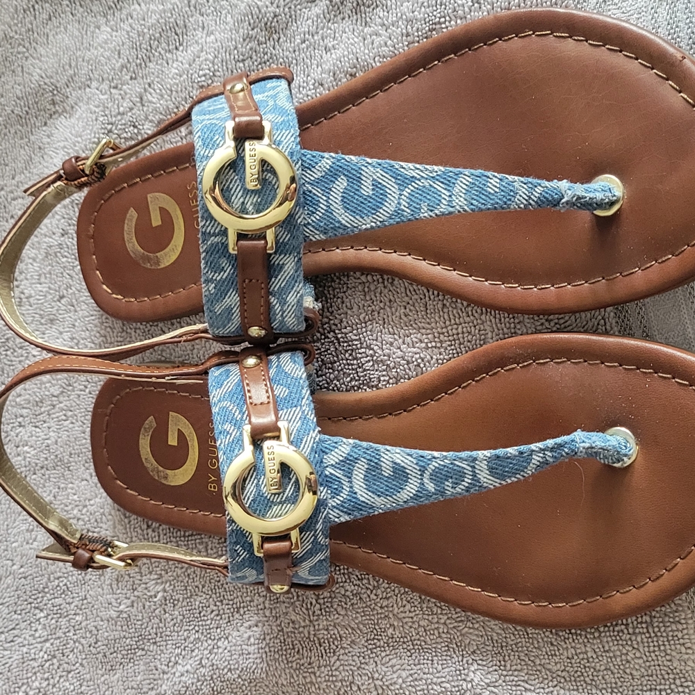 G by Guess Blue and Brown Sandals with Gold Accents